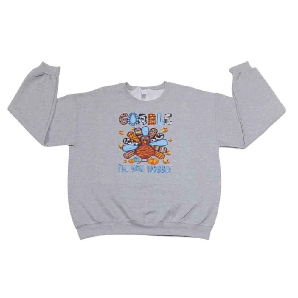 Women's Gobble Til' You Wobble Thanksgiving Turkey Sweatshirt Large Gray